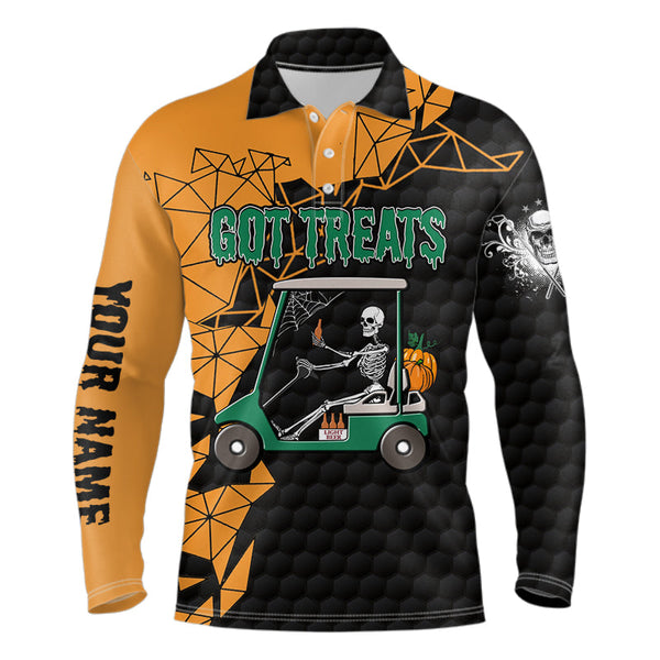 Black and orange Halloween golf skeleton Mens golf polo shirts custom name got treats golf outfits men NQS6174