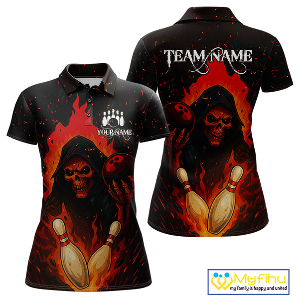 Black and Red Flame Skull Reaper Bowling Shirt For Women Custom Halloween Bowling Team Outfit Jerseys NQS10695