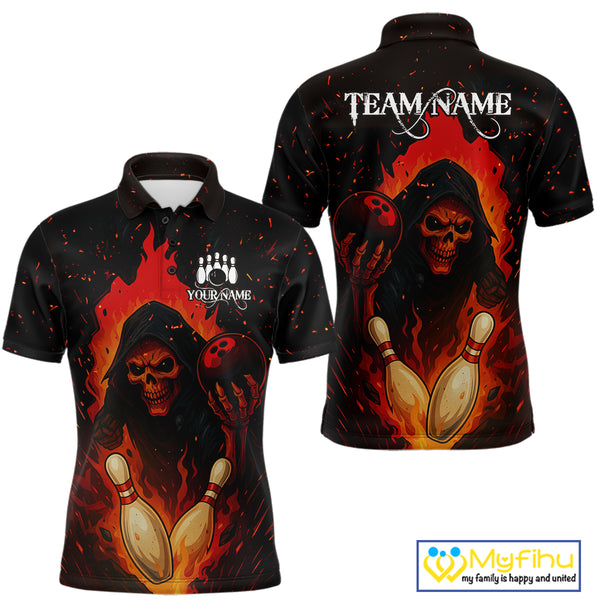 Black and Red Flame Skull Reaper Bowling Shirt For Men Custom Halloween Bowling Team Outfit Jerseys NQS10695