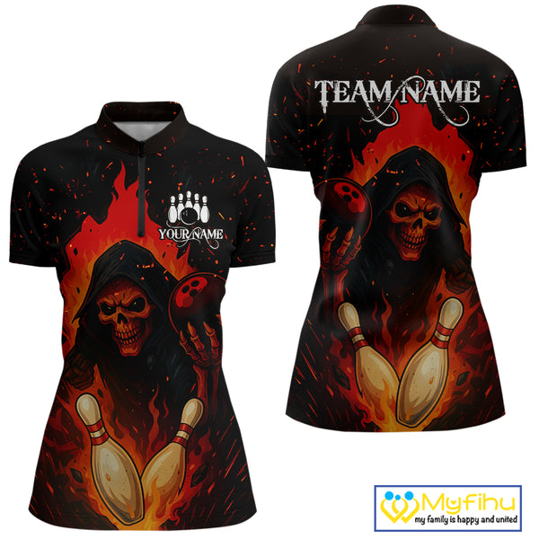 Black and Red Flame Skull Reaper Bowling Shirt For Women Custom Halloween Bowling Team Outfit Jerseys NQS10695