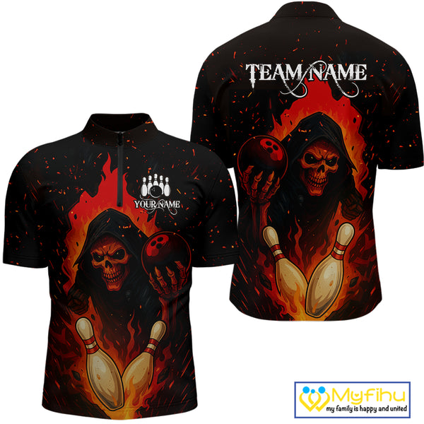 Black and Red Flame Skull Reaper Bowling Shirt For Men Custom Halloween Bowling Team Outfit Jerseys NQS10695