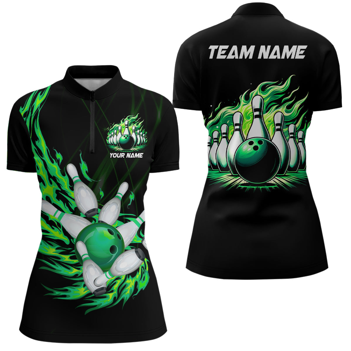 Green flame bowling ball and pins custom Women bowling Quarter Zip Shirt, team ladies bowling jerseys NQS7516