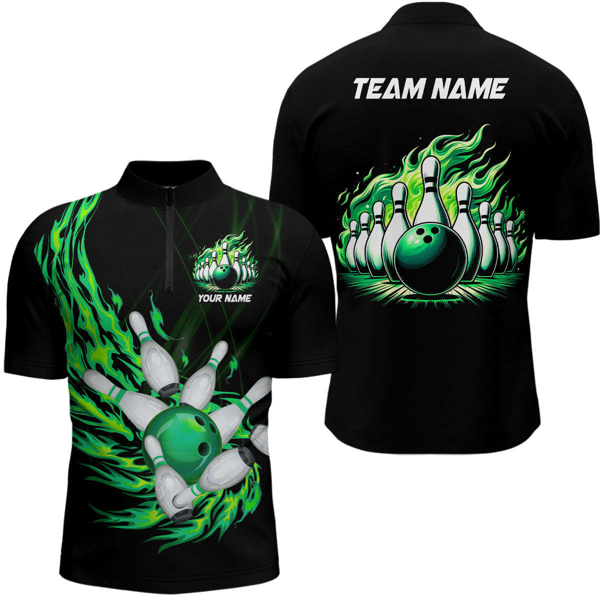 Green flame bowling ball and pins custom Mens Bowling Quarter Zip Shirts, team mens bowling jerseys NQS7516