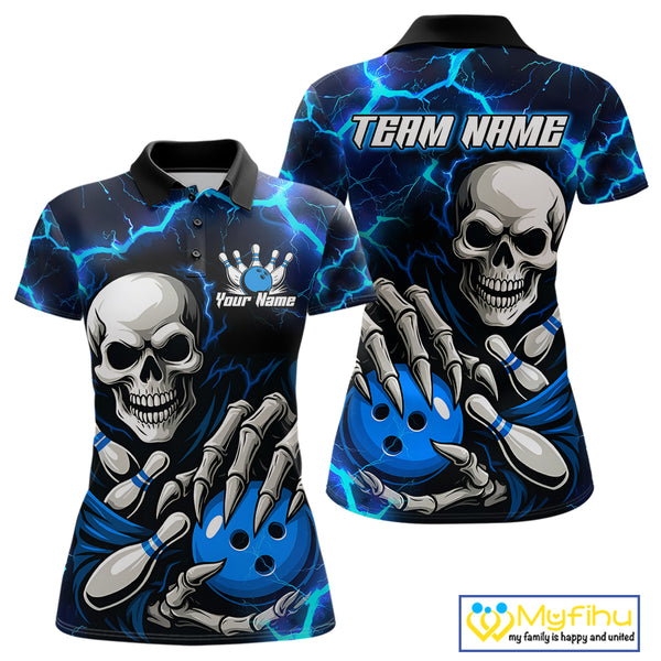 Custom Blue Lightning Thunder Skull Bowling Shirts For Women, Halloween Bowling Team Jerseys NQS10720