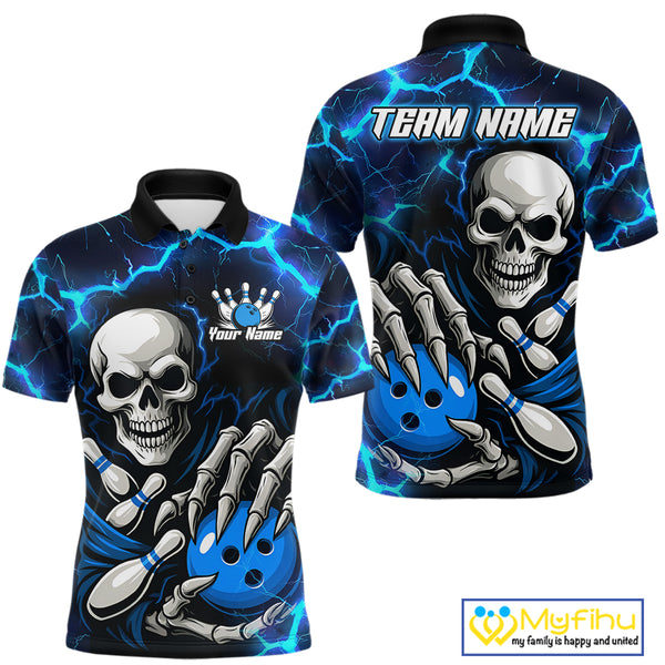 Custom Blue Lightning Thunder Skull Bowling Shirts For Men, Halloween Bowling Team Jerseys NQS10720