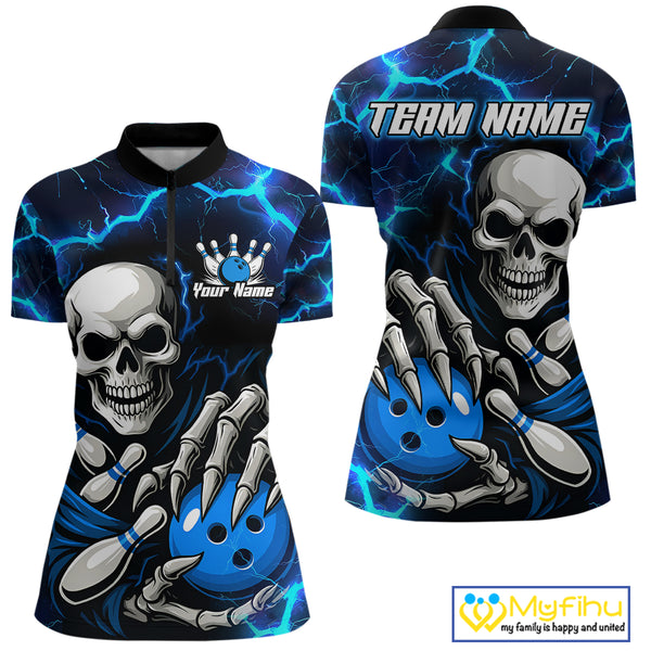 Custom Blue Lightning Thunder Skull Bowling Shirts For Women, Halloween Bowling Team Jerseys NQS10720
