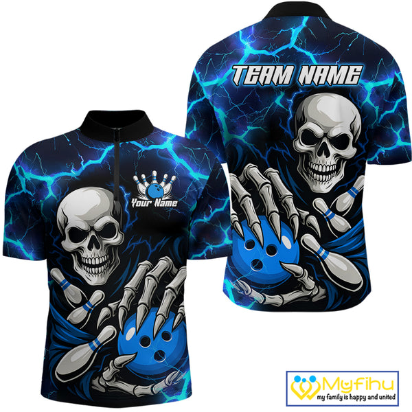Custom Blue Lightning Thunder Skull Bowling Shirts For Men, Halloween Bowling Team Jerseys NQS10720