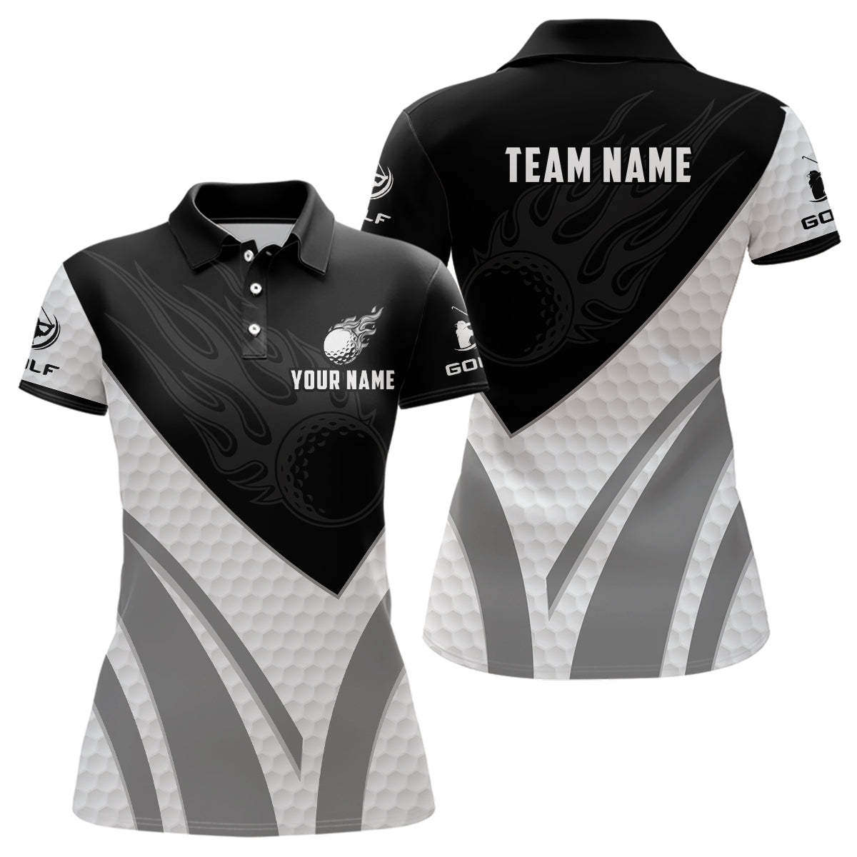 Black and white Womens golf polo shirt custom golf ball fire ladies golf tops NQS7063