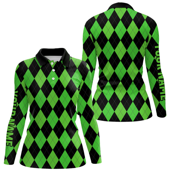 Womens golf polo shirts custom green and black argyle plaid pattern golf attire for ladies NQS7184