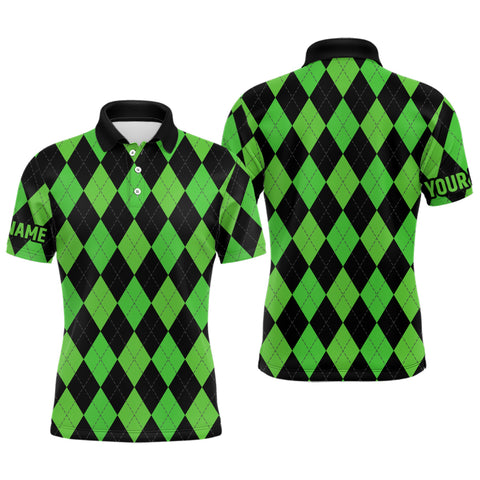 Mens golf polo shirts custom green and black argyle plaid pattern golf attire for men NQS7184