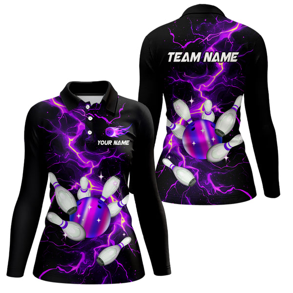Black and Purple Lightning Bowling Shirts For Women Custom Bowling Team Uniform Bowlers Outfits NQS9597