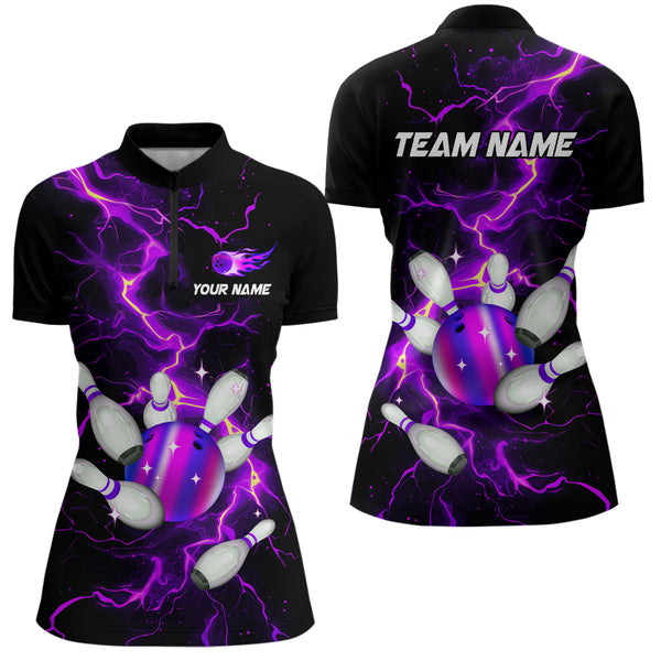 Black and Purple Lightning Bowling Shirts For Women Custom Bowling Team Uniform Bowlers Outfits NQS9597