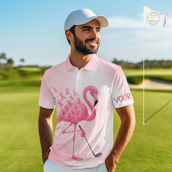 Watercolor Pink Flamingo ribbons Mens golf polo shirts Custom Breast Cancer Awareness men golf attire NQS10512