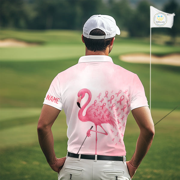 Watercolor Pink Flamingo ribbons Mens golf polo shirts Custom Breast Cancer Awareness men golf attire NQS10512