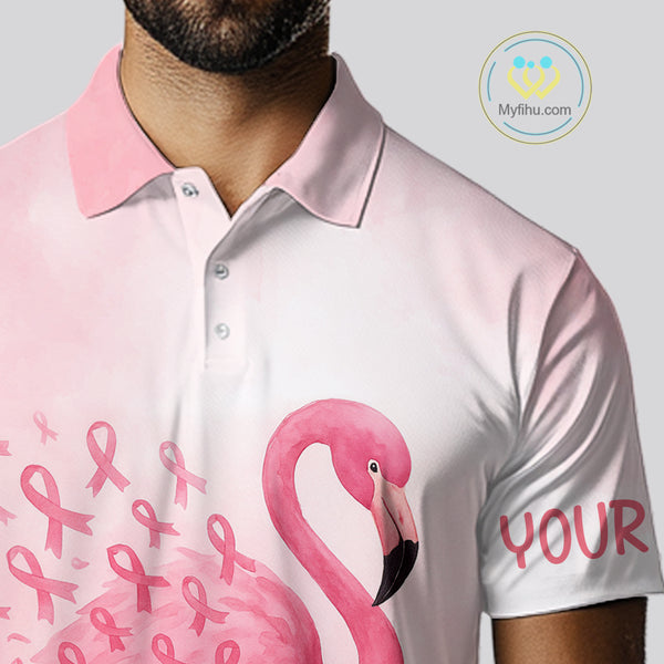 Watercolor Pink Flamingo ribbons Mens golf polo shirts Custom Breast Cancer Awareness men golf attire NQS10512