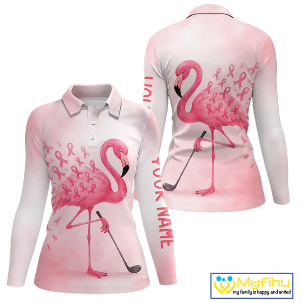 Watercolor Pink Flamingo ribbons Women golf polo shirt Custom Breast Cancer Awareness ladies golf top NQS10512