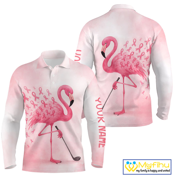 Watercolor Pink Flamingo ribbons Mens golf polo shirts Custom Breast Cancer Awareness men golf attire NQS10512