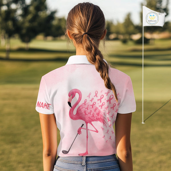Watercolor Pink Flamingo ribbons Women golf polo shirt Custom Breast Cancer Awareness ladies golf top NQS10512