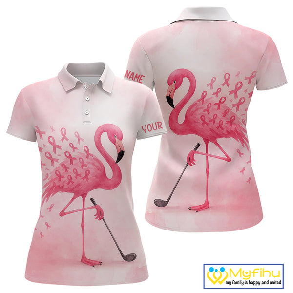 Watercolor Pink Flamingo ribbons Women golf polo shirt Custom Breast Cancer Awareness ladies golf top NQS10512