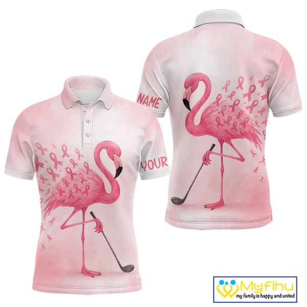 Watercolor Pink Flamingo ribbons Mens golf polo shirts Custom Breast Cancer Awareness men golf attire NQS10512