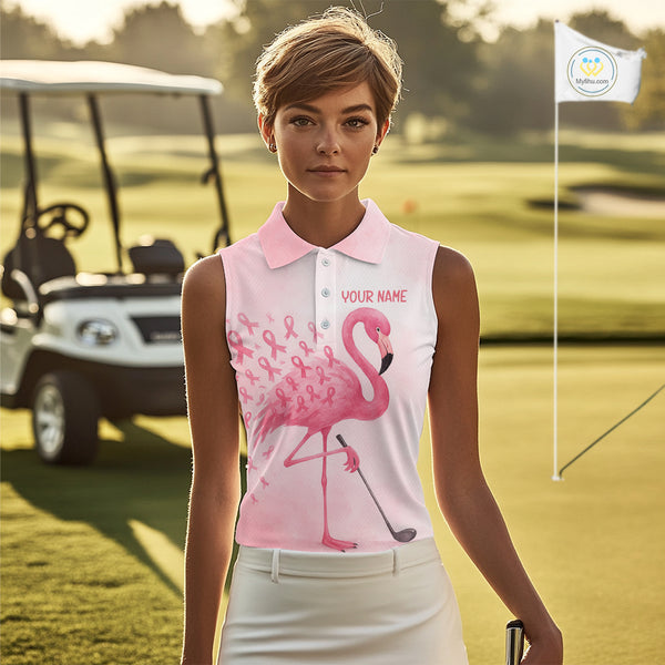 Watercolor Pink Flamingo ribbons Sleeveless polo shirt Custom Breast Cancer Awareness ladies golf top NQS10512