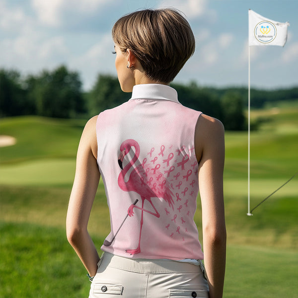 Watercolor Pink Flamingo ribbons Sleeveless polo shirt Custom Breast Cancer Awareness ladies golf top NQS10512