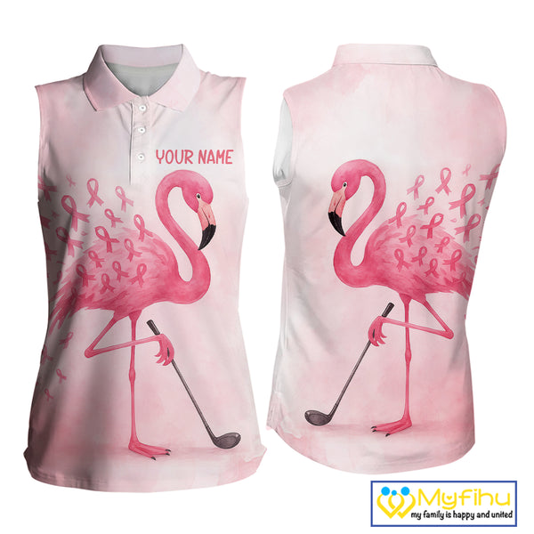 Watercolor Pink Flamingo ribbons Sleeveless polo shirt Custom Breast Cancer Awareness ladies golf top NQS10512