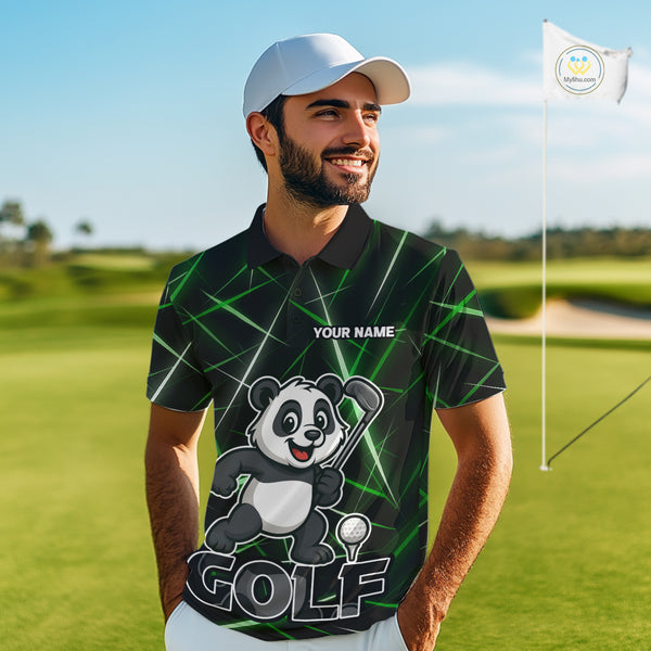 Black and Green Funny Panda Playing Golf Polo Shirt For Men Custom men's golf clothes funny golf gift NQS10740