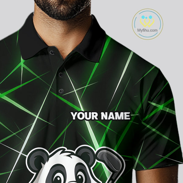 Black and Green Funny Panda Playing Golf Polo Shirt For Men Custom men's golf clothes funny golf gift NQS10740