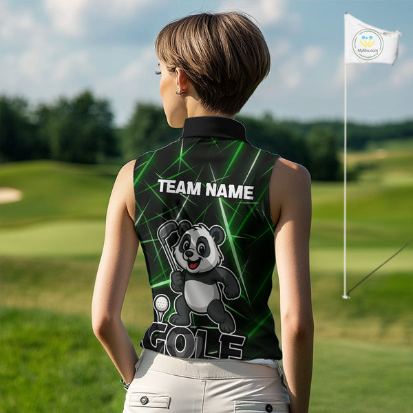 Black and Green Funny Panda Playing Golf Sleeveless Polo Shirt Custom ladies golf clothes golf gift NQS10740