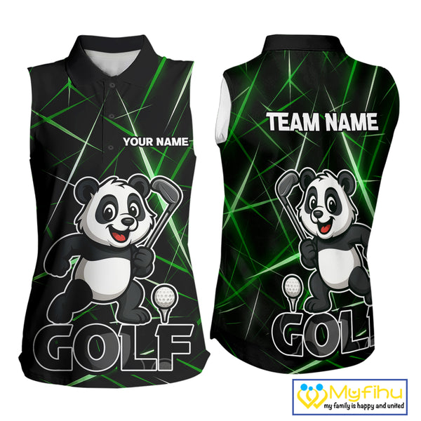 Black and Green Funny Panda Playing Golf Sleeveless Polo Shirt Custom ladies golf clothes golf gift NQS10740