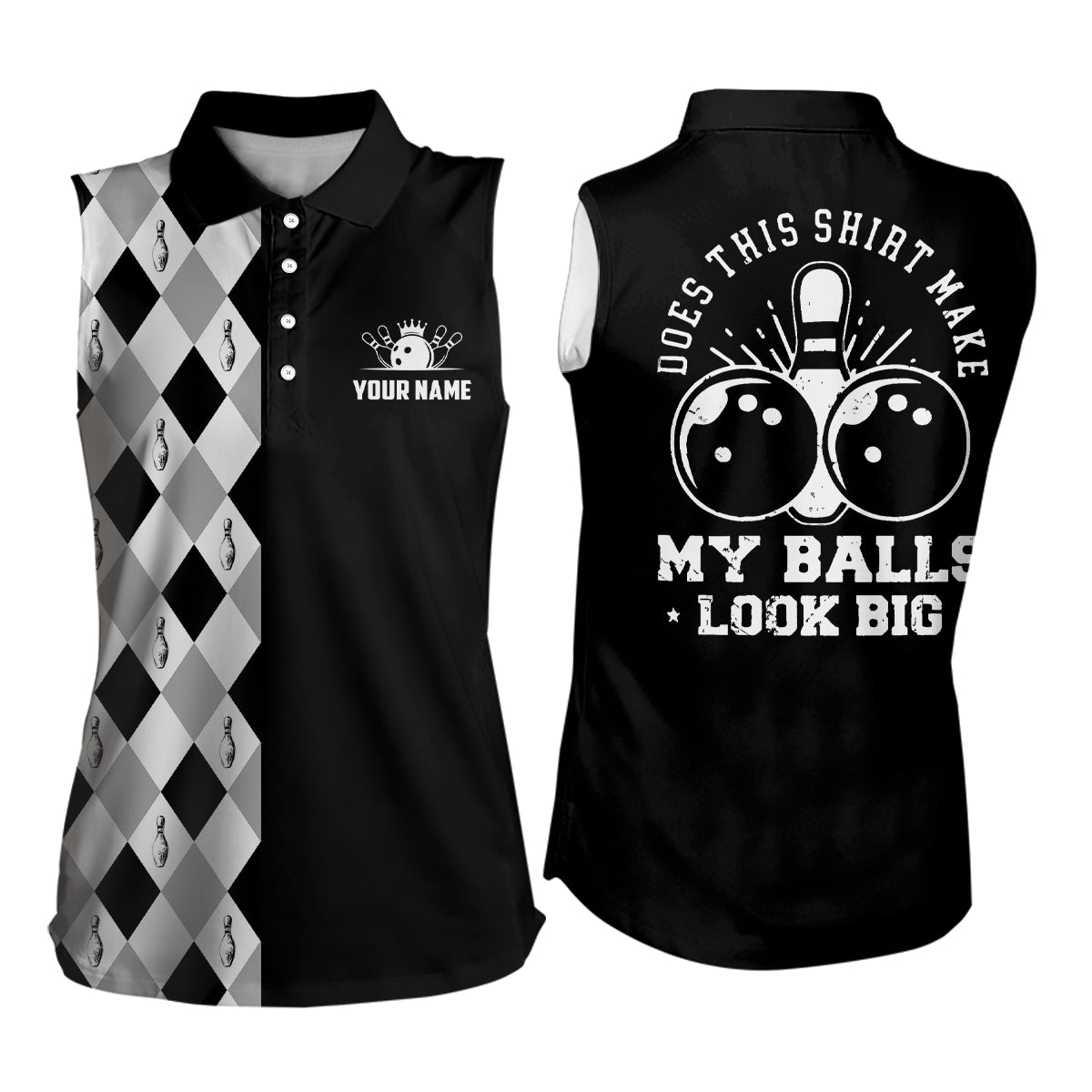 Funny black retro Bowling sleeveless Polo Shirts Custom name Does this shirt make my balls look big NQS6692