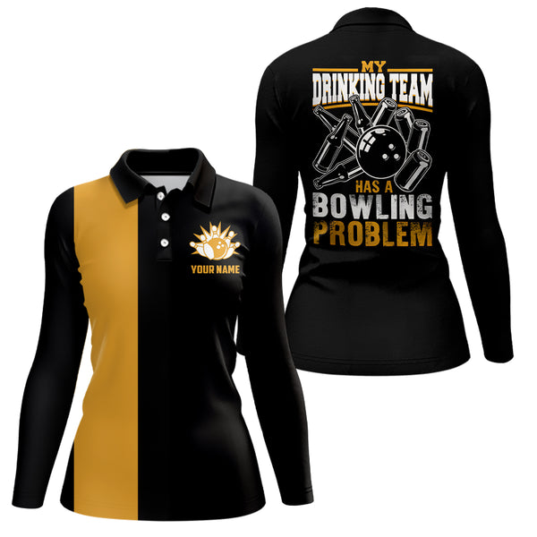 Funny Black yellow retro Bowling Polo shirt for women Custom My drinking team has a bowling problem NQS6694