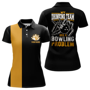 Funny Black yellow retro Bowling Polo shirt for women Custom My drinking team has a bowling problem NQS6694