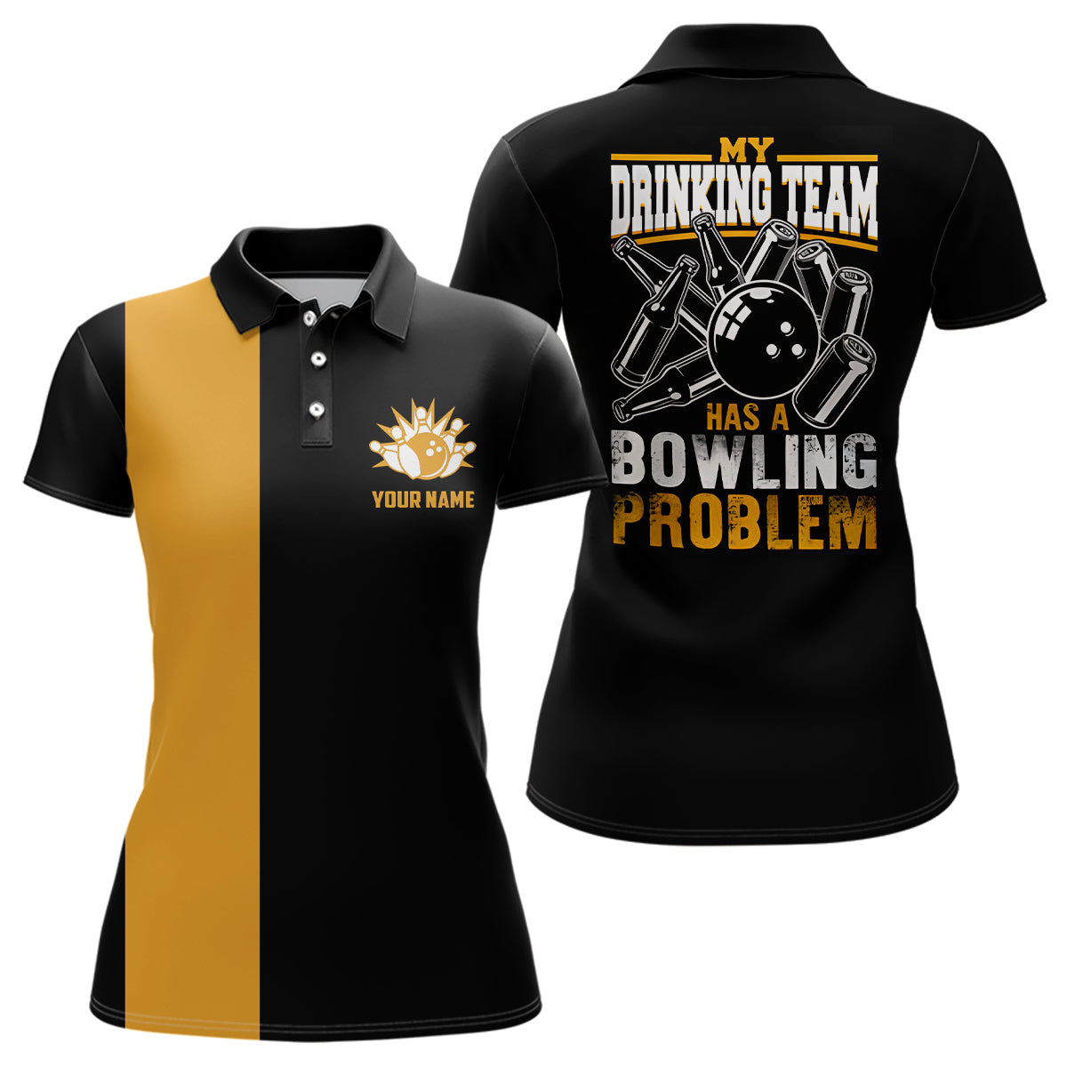 Funny Black yellow retro Bowling Polo shirt for women Custom My drinking team has a bowling problem NQS6694