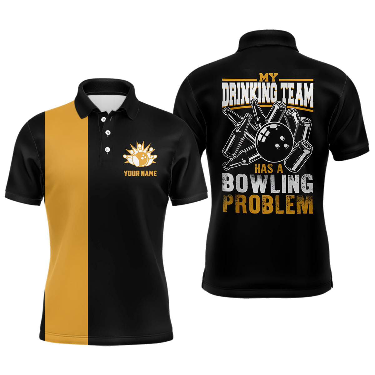 Funny Black yellow retro Bowling Polo Shirts for men Custom My drinking team has a bowling problem NQS6694