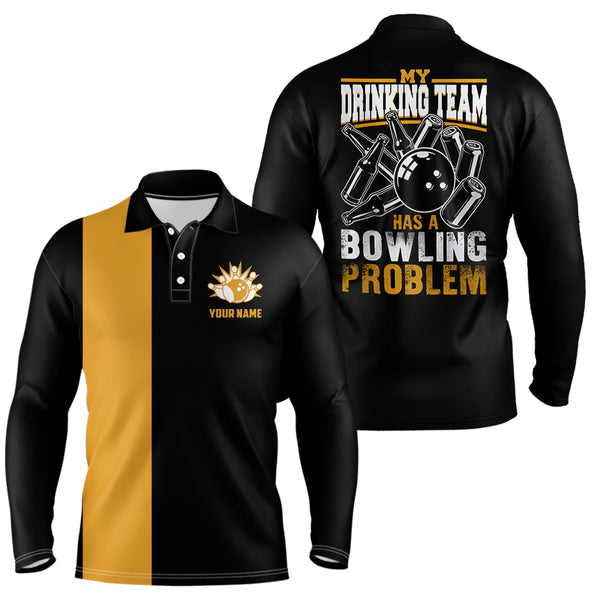 Funny Black yellow retro Bowling Polo Shirts for men Custom My drinking team has a bowling problem NQS6694