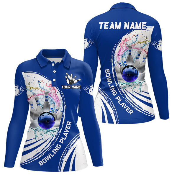 Women Bowling Polo Shirts Custom water bowling ball pins Bowling Team Jersey, gift for Bowlers | Blue NQS7194