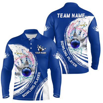 Men Bowling Polo Shirt Custom water bowling ball pins Bowling Team Jersey, gift for Bowlers | Blue NQS7194