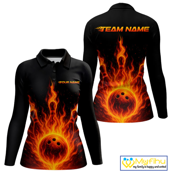 Custom Flame Bowling Polo, Quarter Zip Shirts for Women Custom Team Bowling Uniform NQS10521