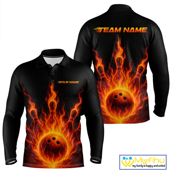 Custom Flame Bowling Polo, Quarter Zip Shirts for Men Custom Team Bowling Uniform NQS10521