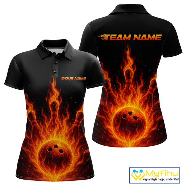 Custom Flame Bowling Polo, Quarter Zip Shirts for Women Custom Team Bowling Uniform NQS10521