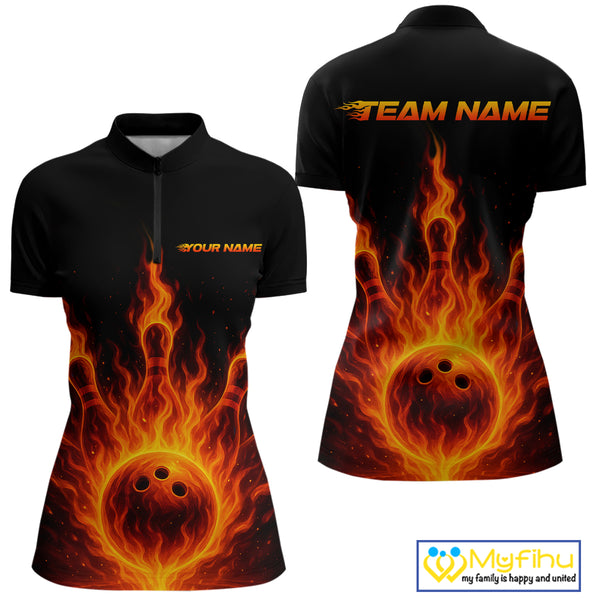 Custom Flame Bowling Polo, Quarter Zip Shirts for Women Custom Team Bowling Uniform NQS10521