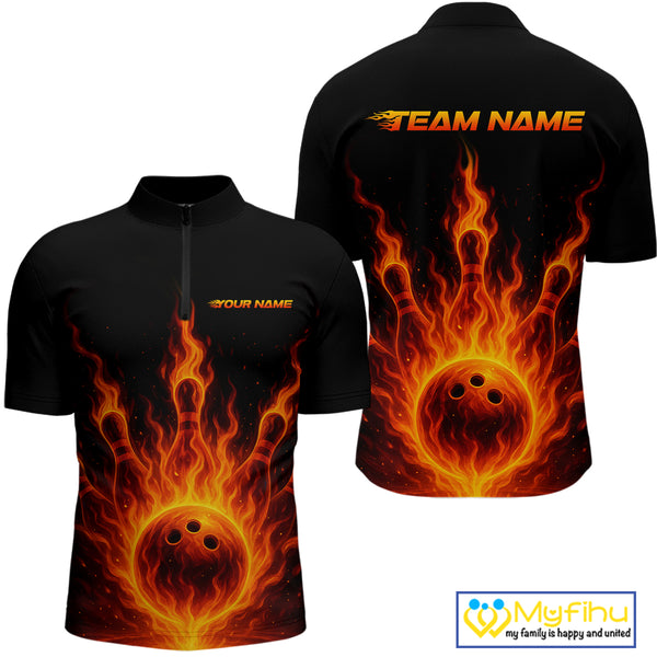 Custom Flame Bowling Polo, Quarter Zip Shirts for Men Custom Team Bowling Uniform NQS10521