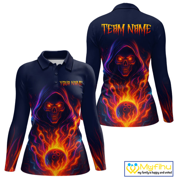 Custom Orange Flame Skull Bowling Shirts for Women Custom Team Bowling Shirts, gift for bowlers NQS10522