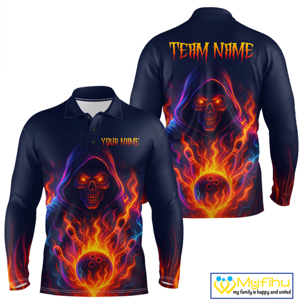 Custom Orange Flame Skull Bowling Shirts for Men Custom Team Bowling Shirts, gift for bowlers NQS10522