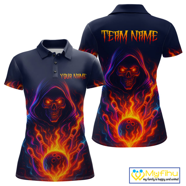 Custom Orange Flame Skull Bowling Shirts for Women Custom Team Bowling Shirts, gift for bowlers NQS10522