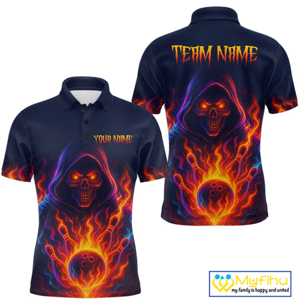 Custom Orange Flame Skull Bowling Shirts for Men Custom Team Bowling Shirts, gift for bowlers NQS10522