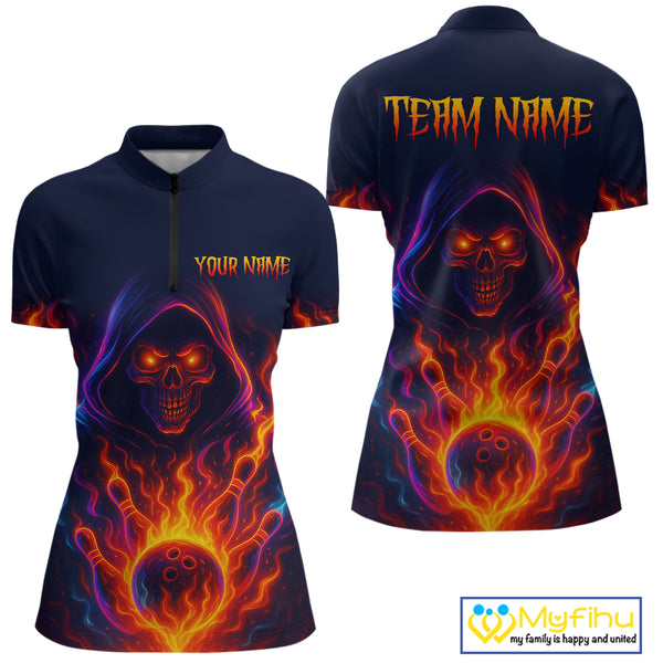 Custom Orange Flame Skull Bowling Shirts for Women Custom Team Bowling Shirts, gift for bowlers NQS10522