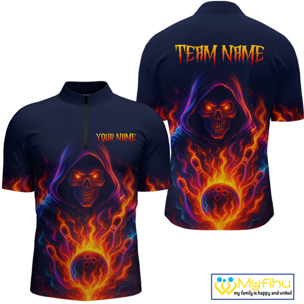 Custom Orange Flame Skull Bowling Shirts for Men Custom Team Bowling Shirts, gift for bowlers NQS10522